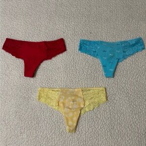 PINK Victoria's Secret Red, Blue, and Yellow Lace Thong Panties Set